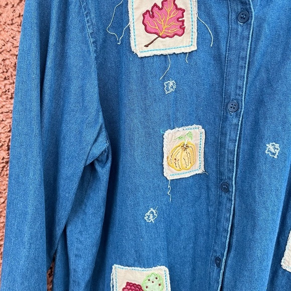 Women’s Lee Denim Fall Patchwork Embroidered Button Down Size Large 100% Cotton - Picture 3 of 6